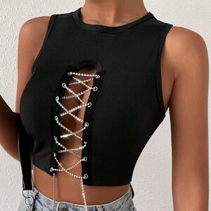 Rhinestone Lace Up Front Tank Top, Size 4 (S), Black